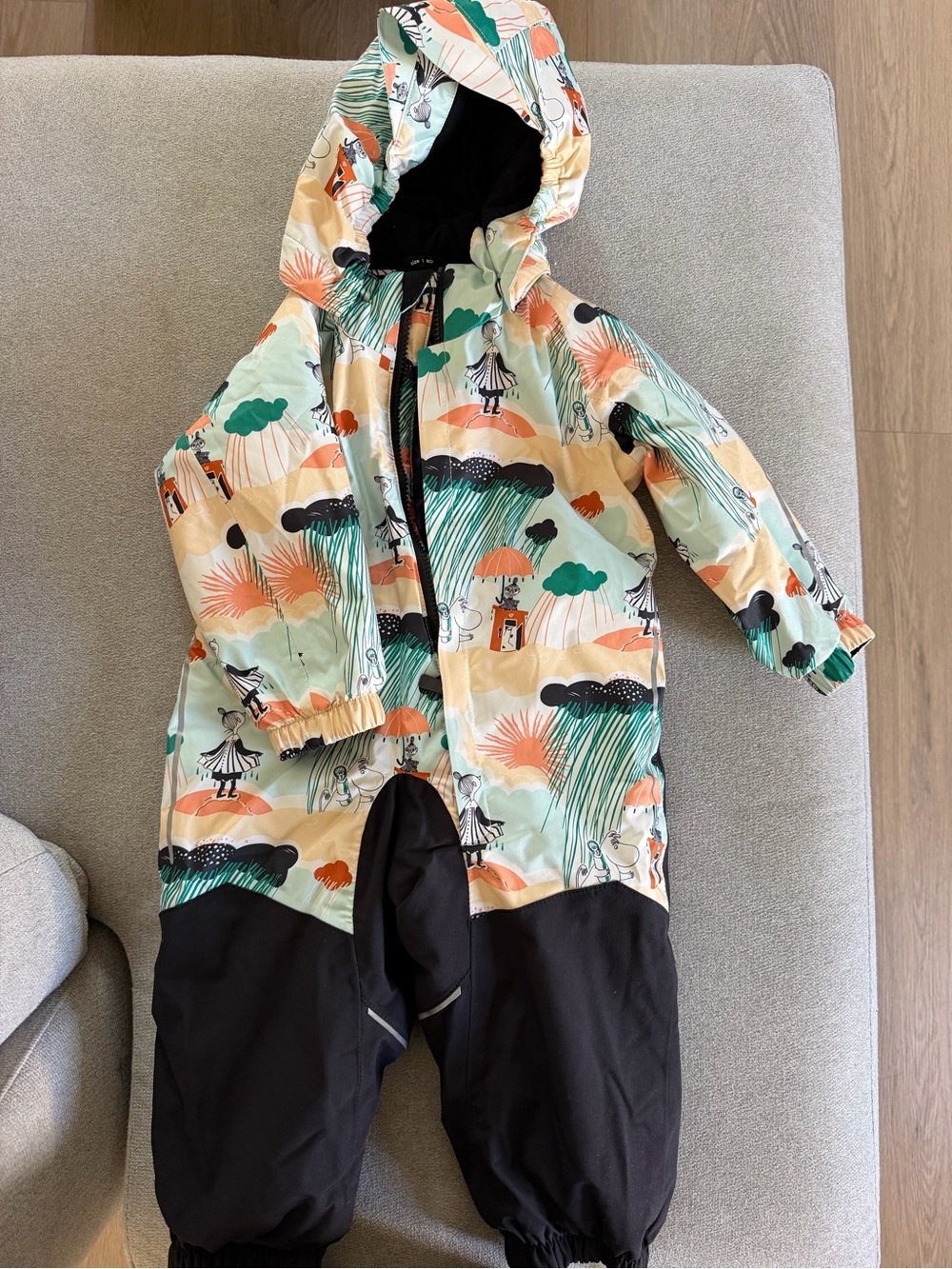 Kids Waterproof Hooded One-Piece Snowsuit in Mint & Black, Size 80